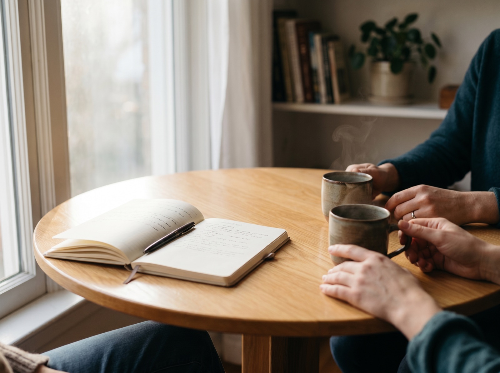 Ruhige Gesprächssituation an einem hellen Tisch am Fenster: ein offenes Notizbuch und zwei Kaffeetassen