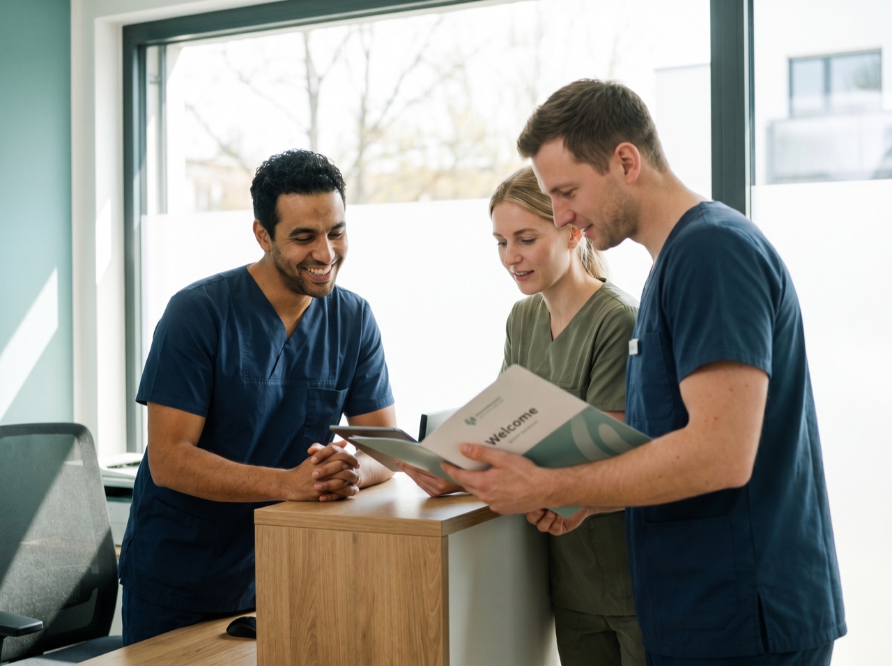 Neu angekommener Physiotherapeut aus Ägypten wird von deutschen Kolleginnen und Kollegen in der Klinik begrüßt