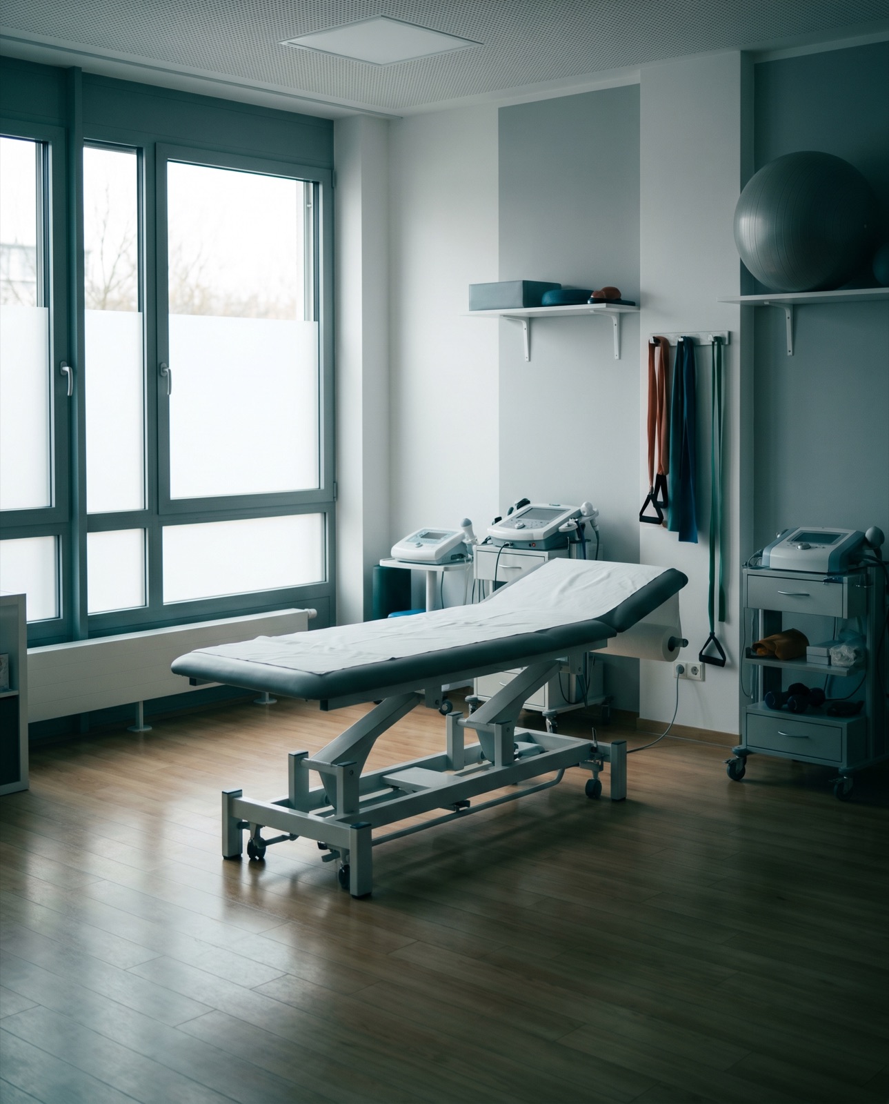 Leerer Behandlungsraum einer Physiotherapie-Praxis im Morgenlicht, die Behandlungsliege ist vorbereitet